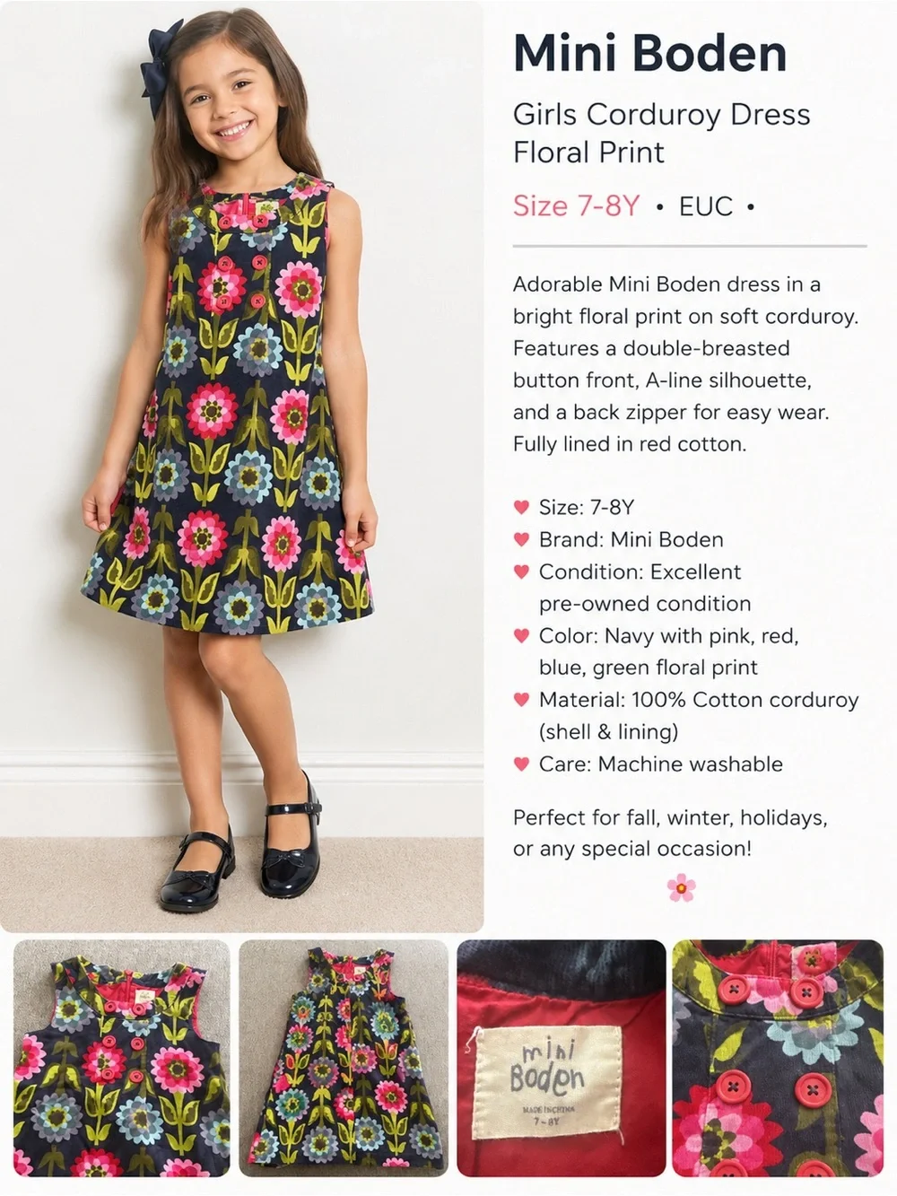 girls pink and green floral corduroy dress fall winter EUC Mini Boden Navy Jumper dress